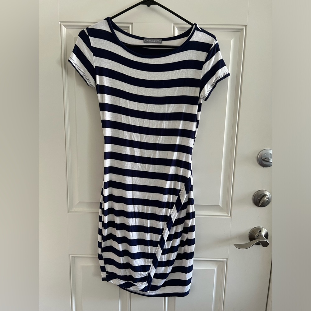 Navy and white faux wrap dress